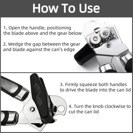 Can Opener Manual, Heavy Duty Can Opener with Built-In Bottle Openers, Ergonomic Design Extended Handle, Sharp Blade Smooth Edge, Kitchen Gadgets for Opening Cans, Multifunctional, Black
