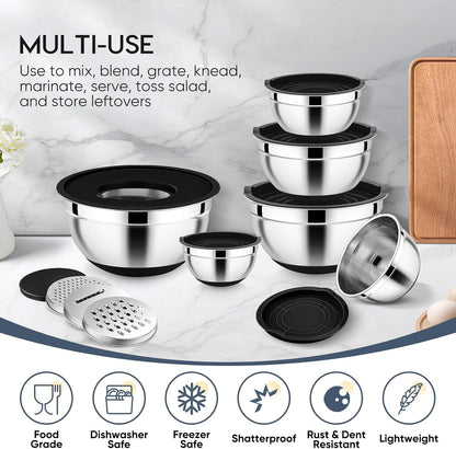 E-far 25PCS Mixing Bowls with Lid Set, Stainless Steel Nesting Prep Bowls with Grater Attachments Non-Slip Bottoms for Cooking, Baking, Serving, Food Storage, 4.6/2.6/2/1.5/1/0.7QT - Blue