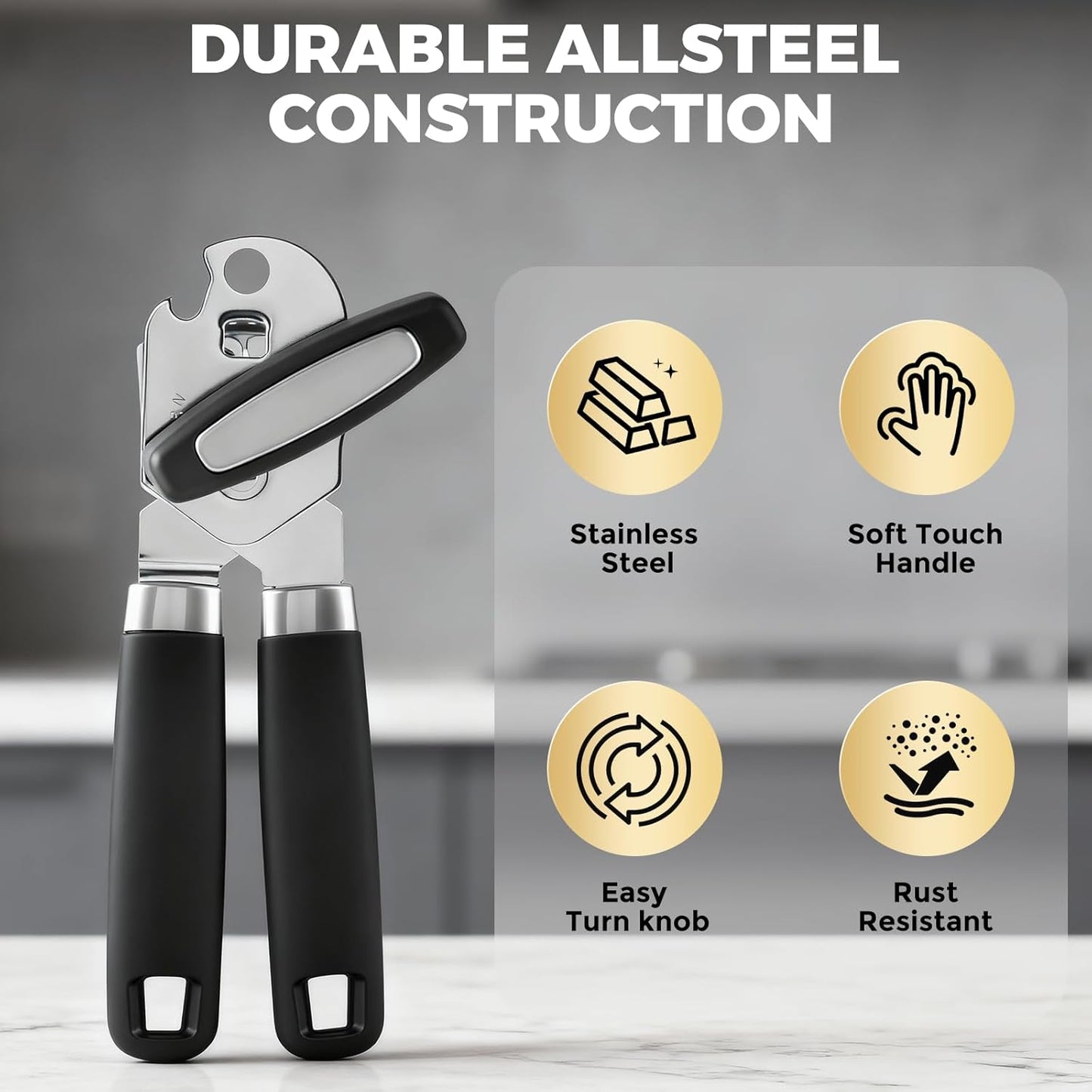 Easy Turn Smooth Edge Manual Can Opener, Hand Held Kitchen Gadget for Arthritis and Weak Hands, Effortless Rust-Proof Stainless Steel with Built-in Bottle Opener