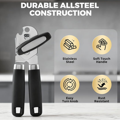 Easy Turn Smooth Edge Manual Can Opener, Hand Held Kitchen Gadget for Arthritis and Weak Hands, Effortless Rust-Proof Stainless Steel with Built-in Bottle Opener