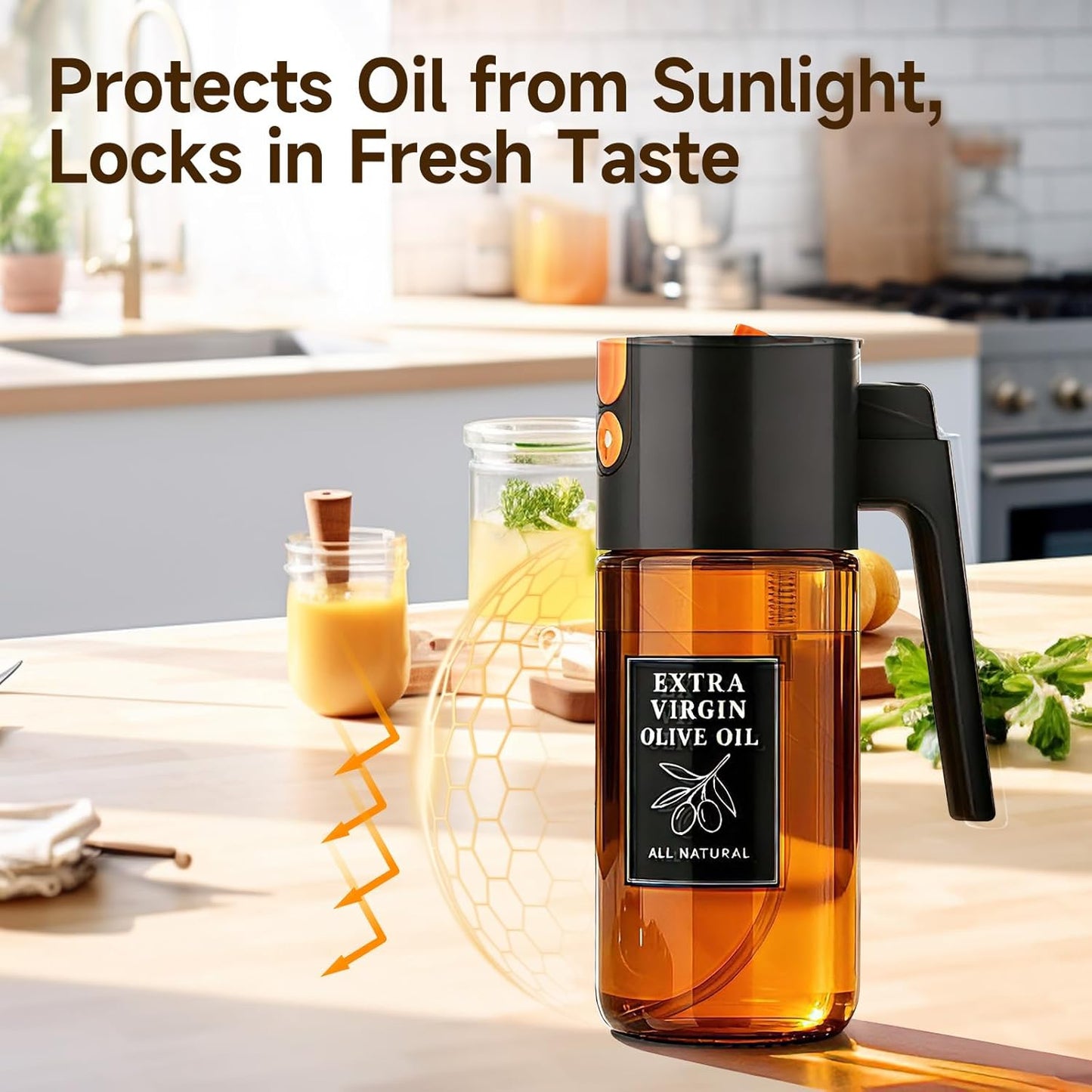 500ml Green Olive Oil Sprayer, Dark-Tinted Glass Spray Bottle for Salad, Air Fryer Vegetables, Controlled Oil Use, Refillable 2-in-1 Dispenser