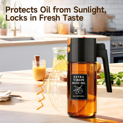 500ml Green Olive Oil Sprayer, Dark-Tinted Glass Spray Bottle for Salad, Air Fryer Vegetables, Controlled Oil Use, Refillable 2-in-1 Dispenser