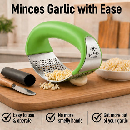 Zulay Kitchen Stainless Steel Garlic Press Rocker Set - Premium Garlic Mincer Garlic Crusher - New Innovative Garlic Crusher with Peeler and Scraper - Comfortable Grip (Black)