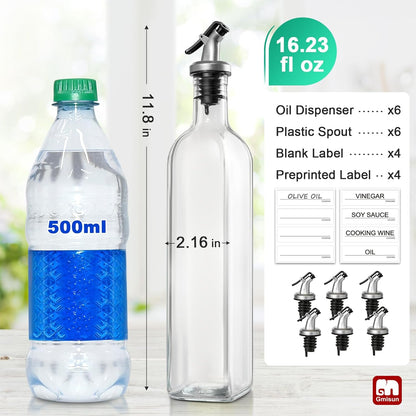 gmisun Olive Oil Dispenser for Kitchen, 4 Pack 17 fl oz Glass Oil Dispensers Bottle, Cooking Soy Sauce Bottle Container Cruet with Plastic Pourer Spout, Funnel and Labels, Clear