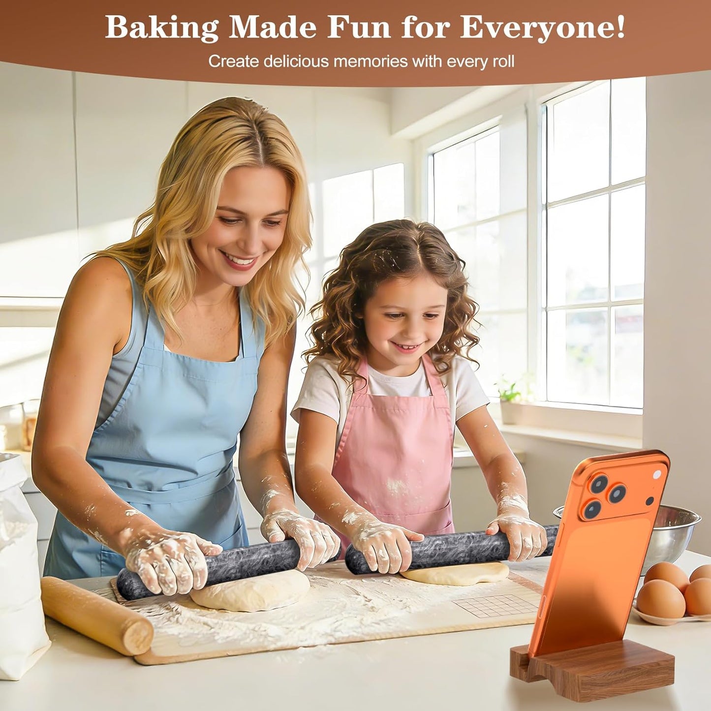 French Rolling Pin for Baking, FiiMan 12 Inch Marble Rolling Pins with Wooden Stand, Heavy Stone French Polished Non-Stick Roller Pins For Baking Cookie Pizza Pastry (Black)