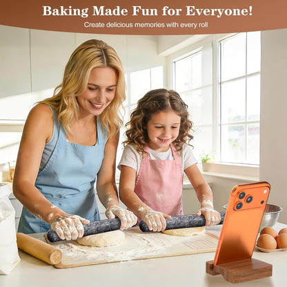 French Rolling Pin for Baking, FiiMan 12 Inch Marble Rolling Pins with Wooden Stand, Heavy Stone French Polished Non-Stick Roller Pins For Baking Cookie Pizza Pastry (Black)