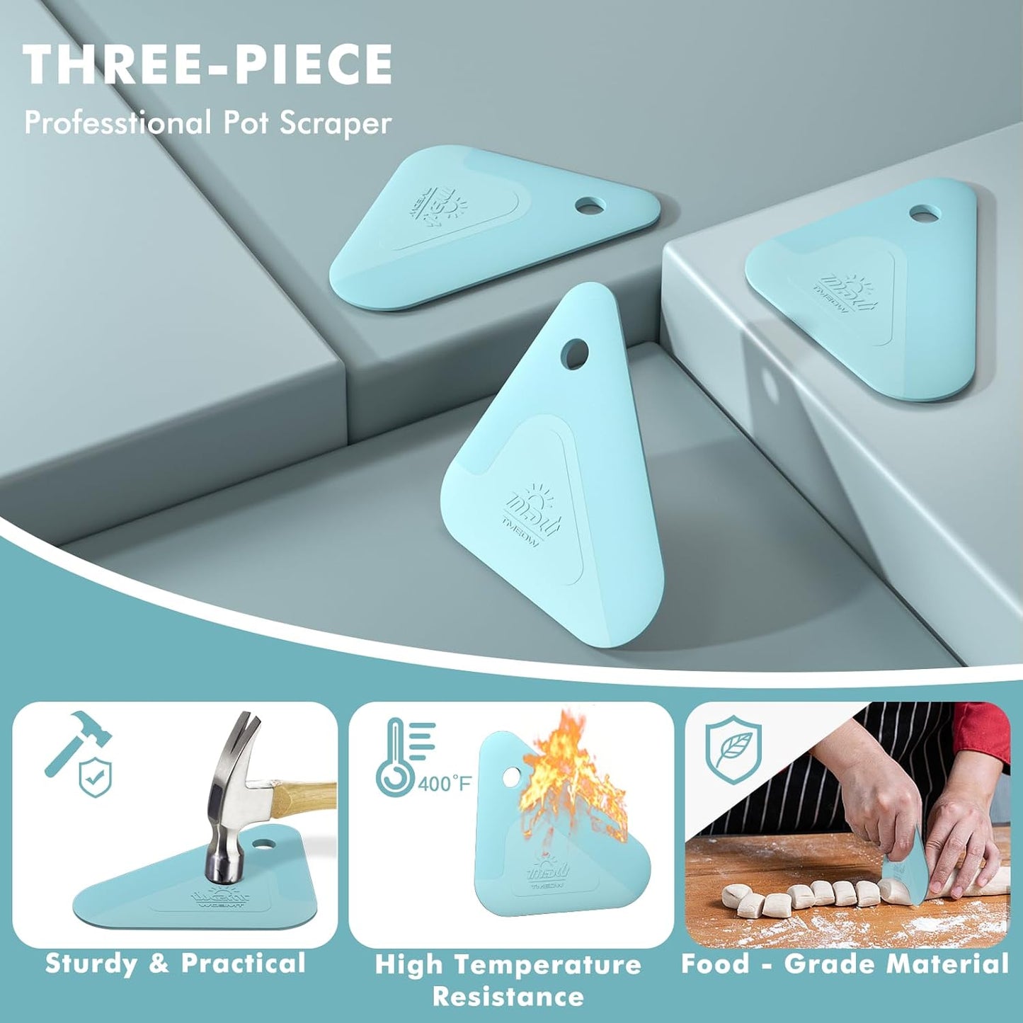 Food Scraper, 2-in-1 Pot and Pan Dish Scraper, Nylon and Silicone, Kitchen Scraper Tools for Cast Iron Skillets, Cookware, Dishes, Pans and Pots, Heat Resistant, Set of 3 - Blue