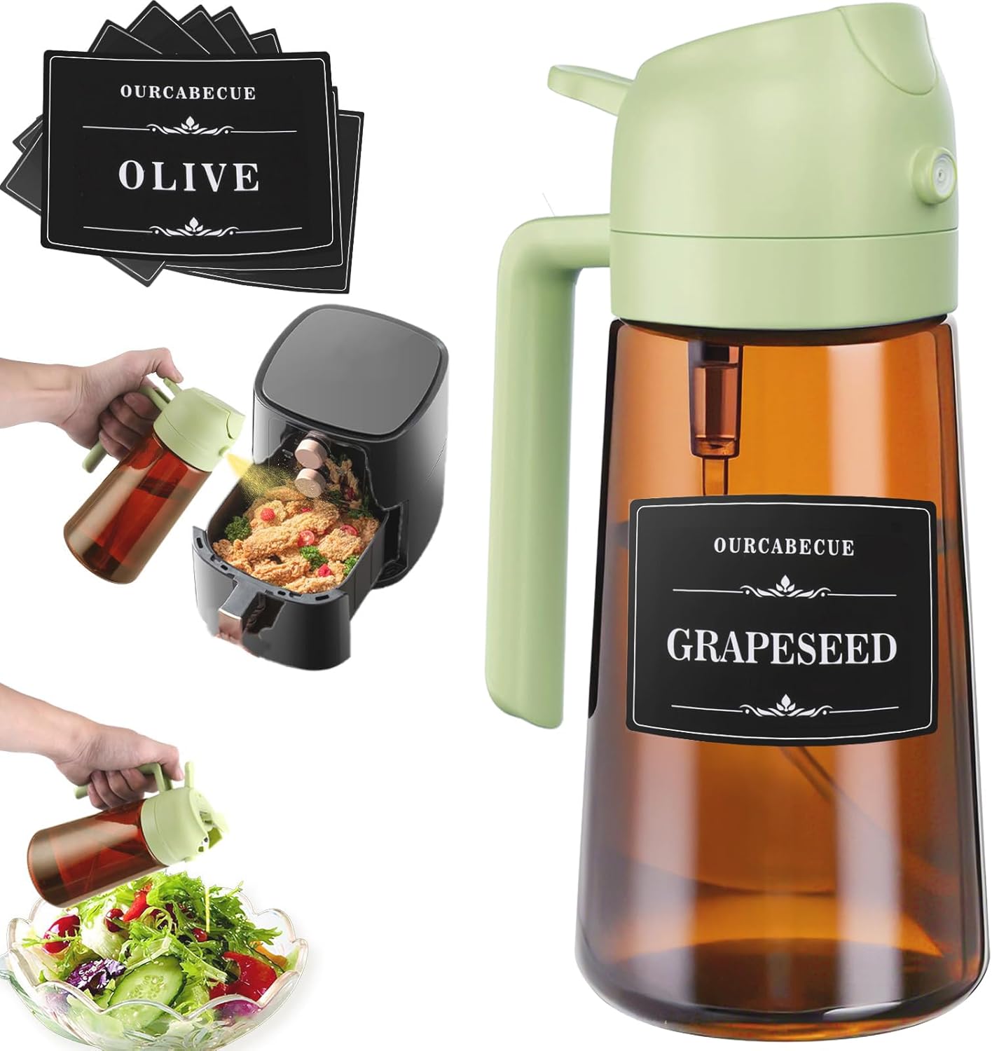 OURCABECUE 2 in 1 Olive Oil Sprayer for Cooking, 16oz/470ml Light-Blocking Dark Olive Oil Dispenser Bottle for Kitchen, Food-Grade Glass Oil Mister with 8 Oil Stickers