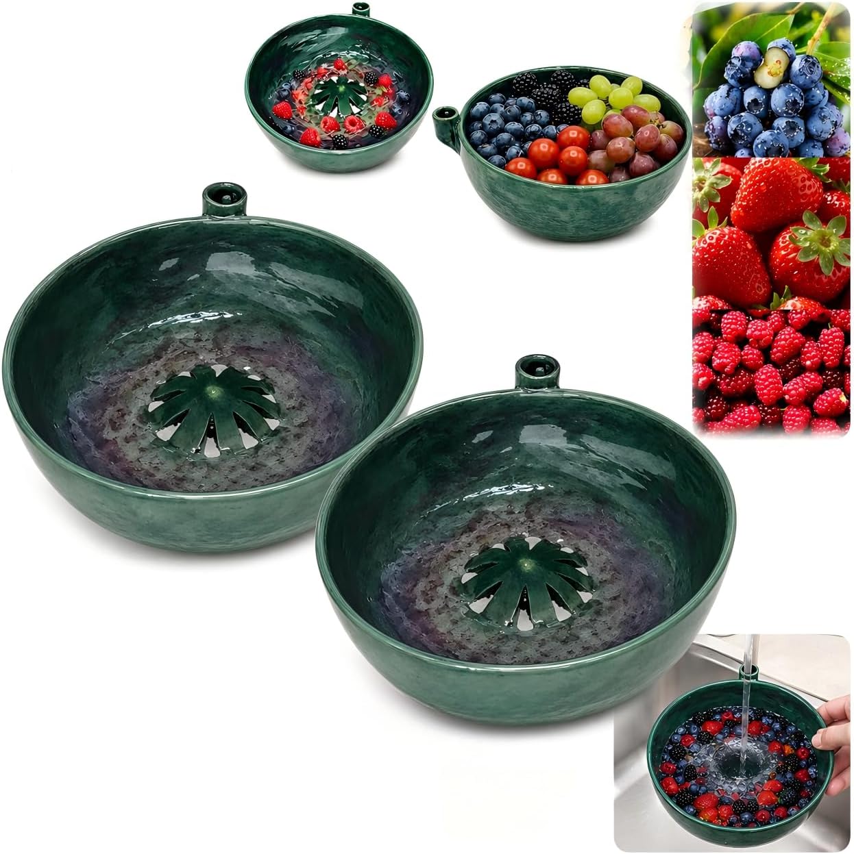 2026 Self Spinning Berry Washing Bowl Ceramic with Drain Holes, 360 Degree Cleaning Fruit Swirl Colander Center Cone, Automatic Quick Kitchen Rinse washer for Berries Vegetables Serving