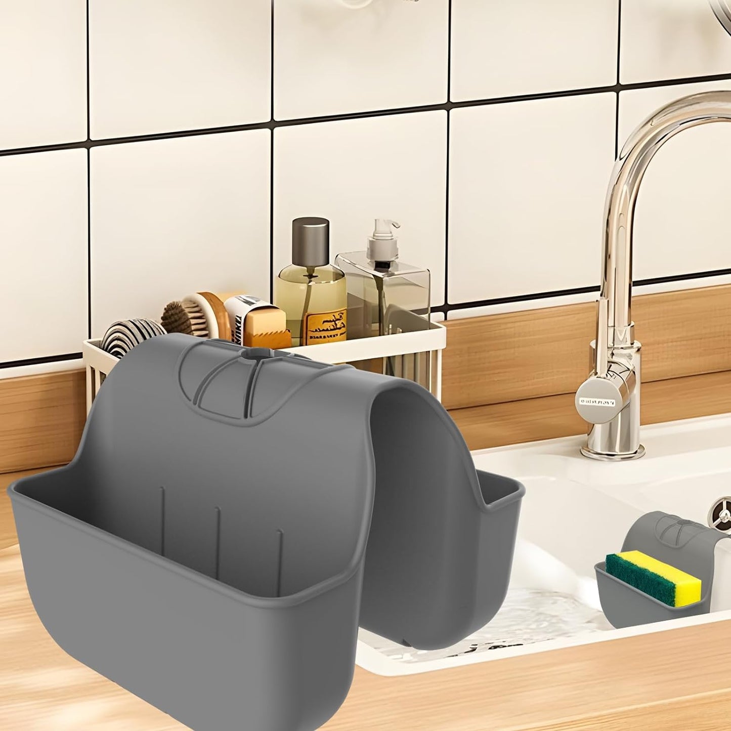 Sponge Holder for Kitchen Sink, Silicone Sink Saddle Caddy Organizer Rack, Sponges Holder Over Faucet, Hanging Kitchen Organizer Accessories Rack Basket - Dark Gray