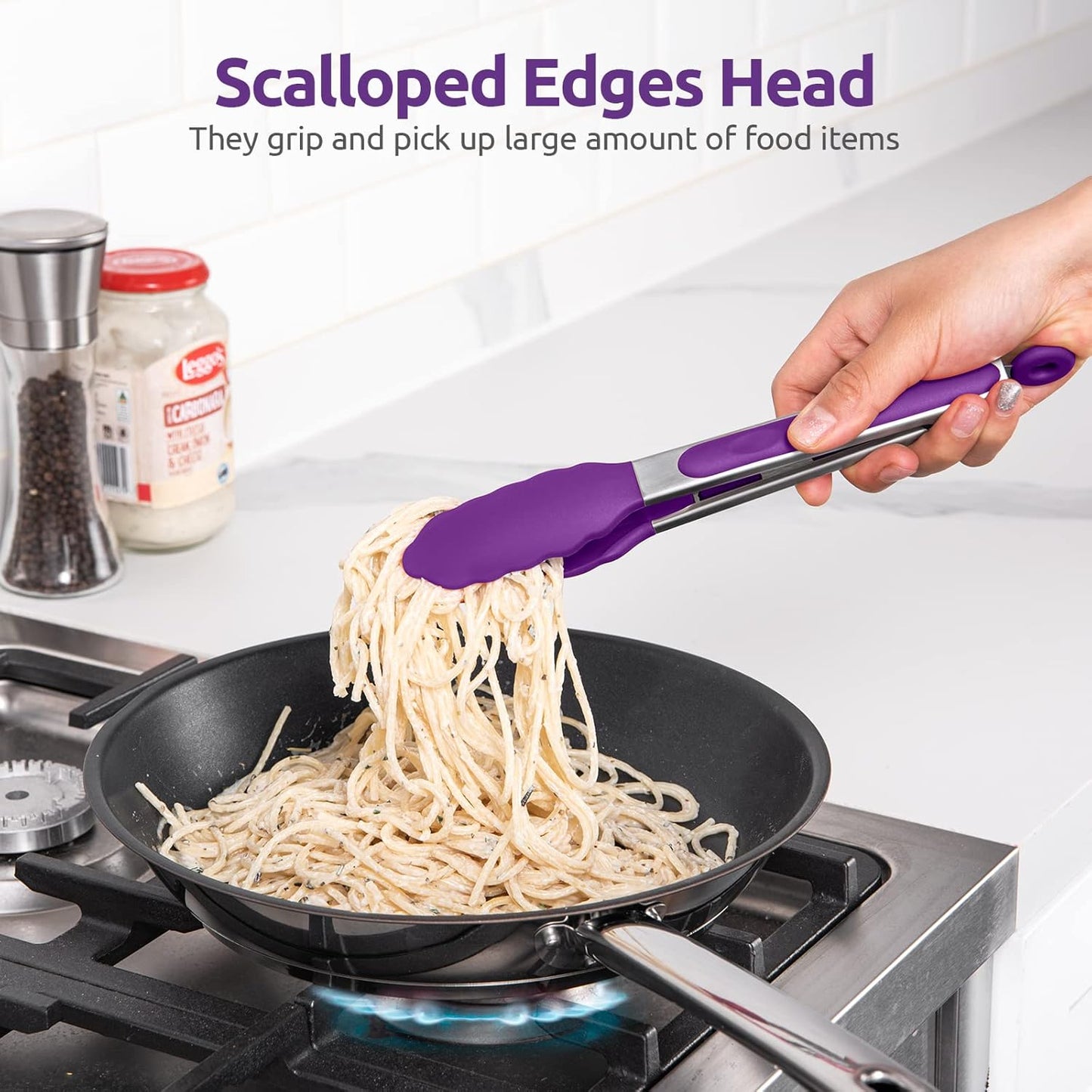600ºF Heat Resistant Kitchen Tongs: U-Taste 9 inch Silicone Cooking Tong with Firm Sealed Non Stick Rubber Tips & Silicon Coated 18/8 Stainless Steel Handle & Smooth Locking for Serving Salad (Black)
