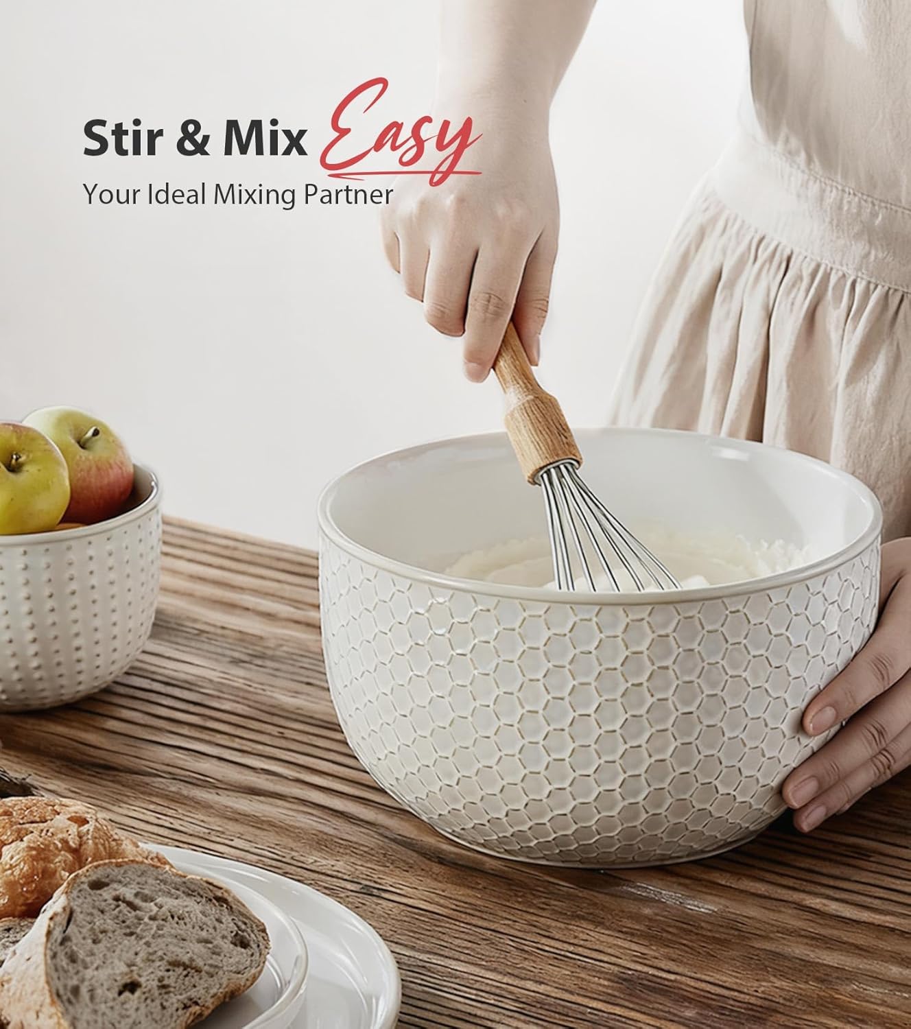 Lareina Ceramic Large Mixing Bowls Set of 4, Nesting Bowls for Cooking, Baking, Salad Etc, Serving Bowls, Mother's Day & Housewarming Gift, Microwave/Dishwasher Safe - 20/44/98/145 OZ, Ivory White