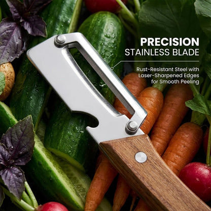Sakerplus Multifunctional Vegetable Peeler, 2-in-1 Potato Peeler with Wooden Handle, 420 Stainless Steel Swivel Blade and Built-In Bottle Opener for Apples, Carrots and More (2)