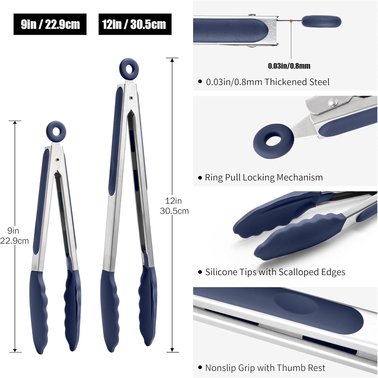 Doosu Kitchen Tongs for Cooking - 600°F Heat Resistant Food Tong Set with Non-Scratch Silicone Tips, Heavy Duty Stainless Steel Locking Tong for BBQ, Grilling Steak, Serving (7+9+12in, Navy Blue)