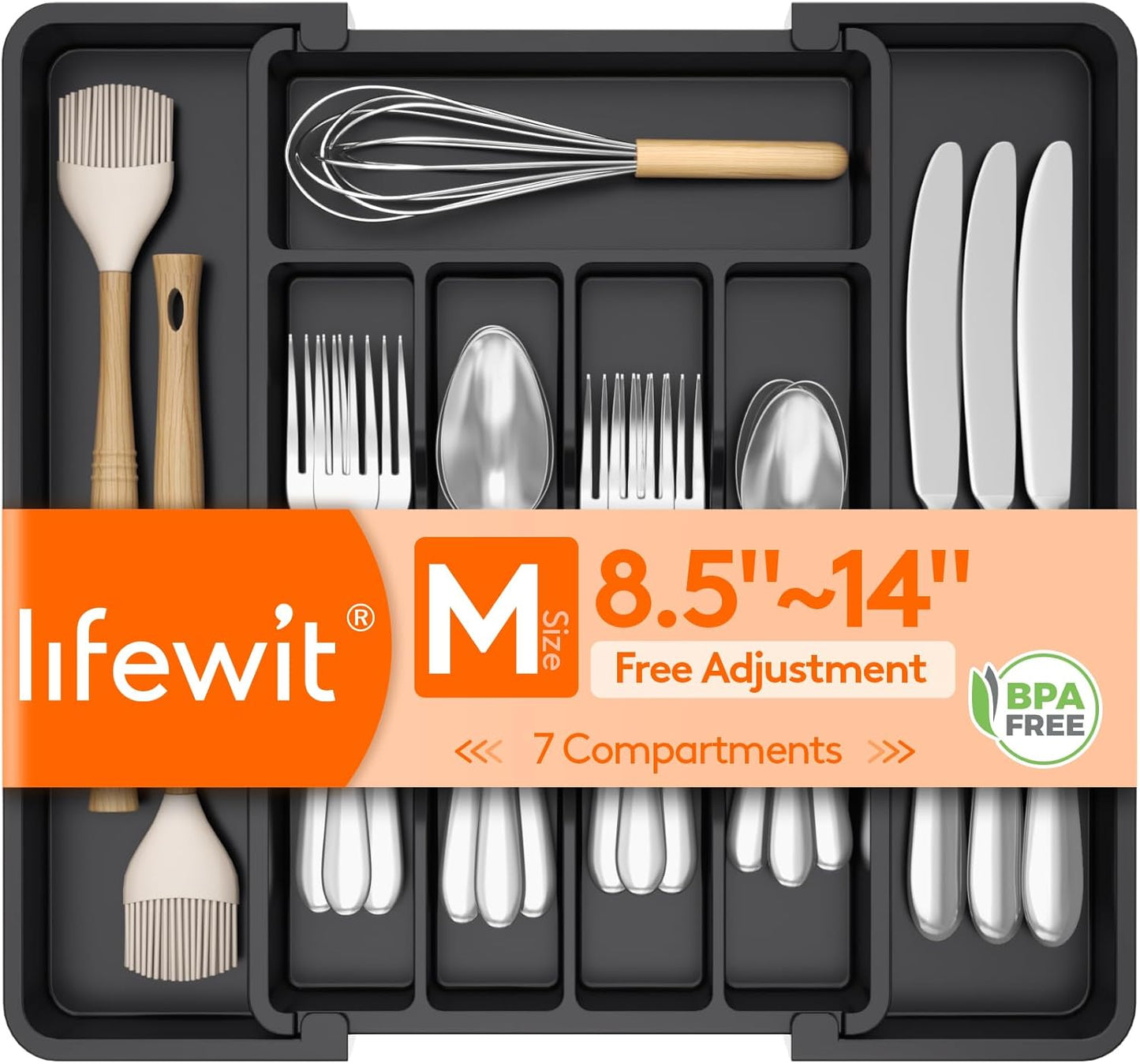 Lifewit Silverware Drawer Organizer, Expandable Utensil Tray for Kitchen, BPA Free Flatware and Cutlery Holder, Adjustable Plastic Storage for Spoons Forks Knives, 11-18 x 14", Black