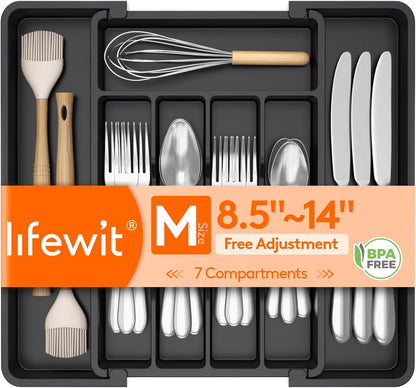 Lifewit Silverware Drawer Organizer, Expandable Utensil Tray for Kitchen, BPA Free Flatware and Cutlery Holder, Adjustable Plastic Storage for Spoons Forks Knives, 11-18 x 14", Black