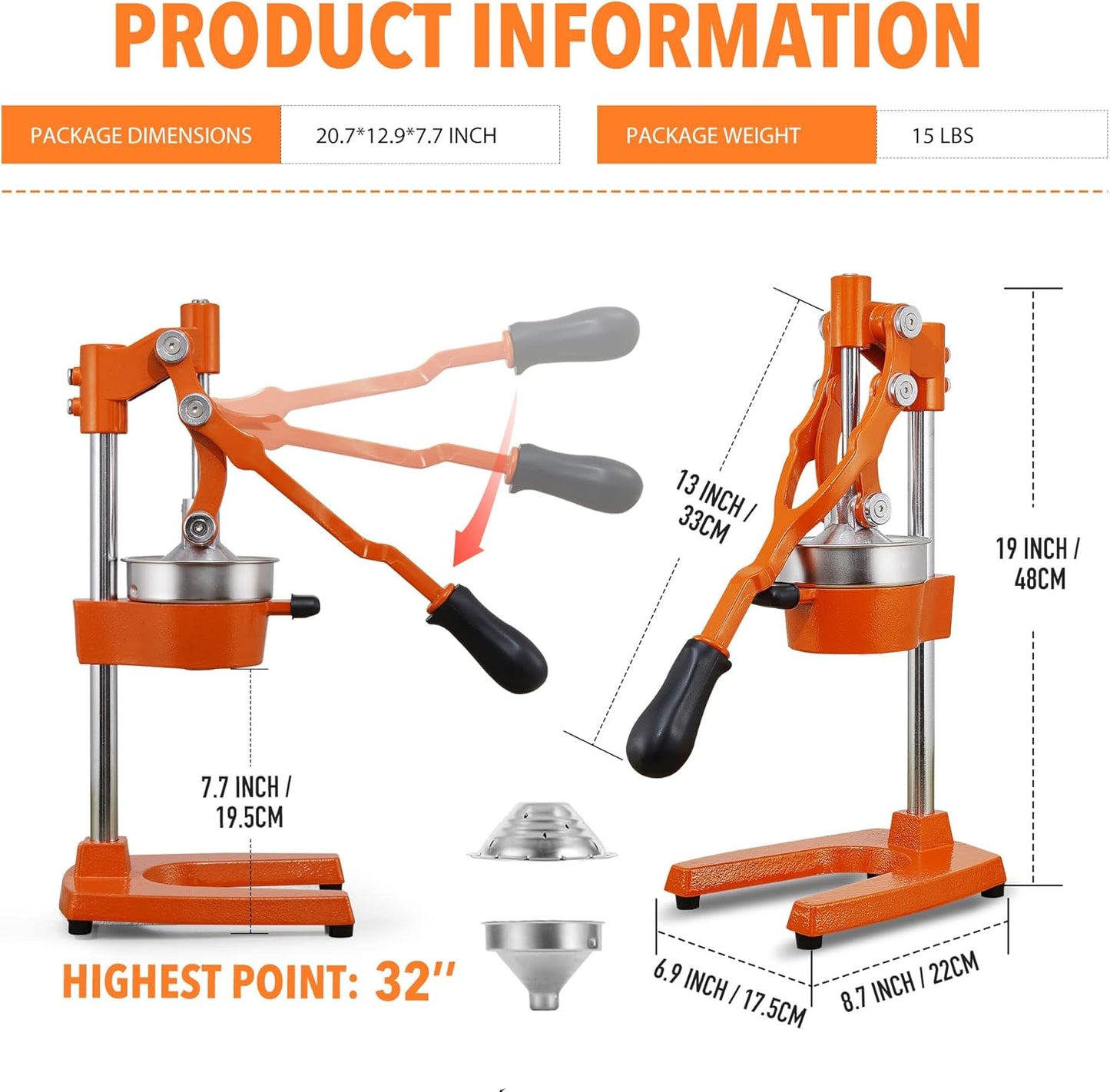 Commercial Heavy Duty Cast Iron Hand Press Manual Orange Citrus Lemon Lime Grapefruit Pomegranate Fruit Juice Squeezer Machine with Stainless Steel Cup