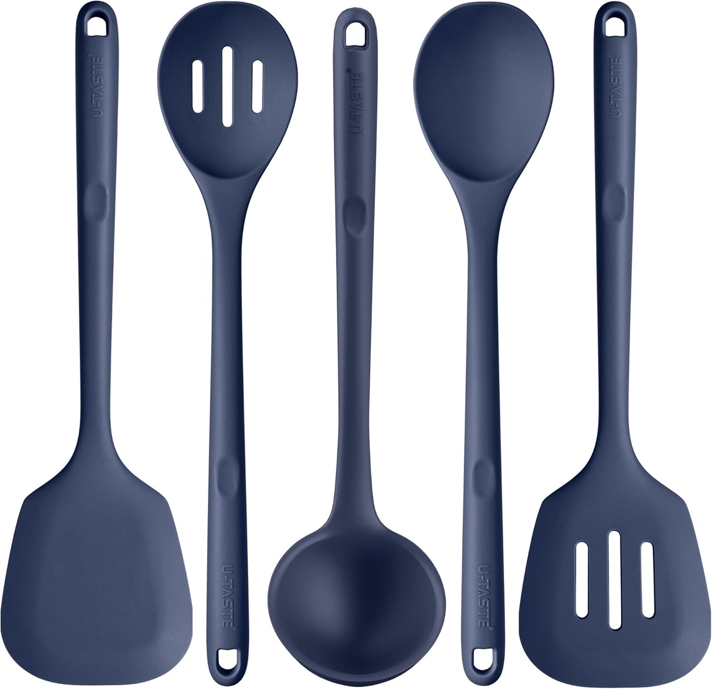 Silicone Kitchen Cooking Utensil Set: U-Taste High Heat Resistant 13.6in Long Kitchen Gadgets, BPA Free Non Stick Rubber Cook Accessories For Stir Frying, Serving, Basting, Mixing (5 Pieces, Black)