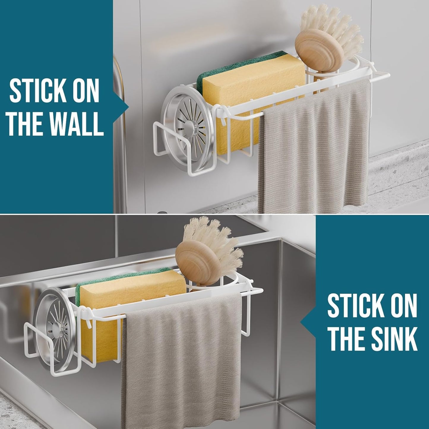 TAILI Sponge Holder for Kitchen Sink with Strong Suction Cup Removable, Rustproof Aluminum Sink Caddy for Sponge, Brush, Scrubber, Scraper -Silver