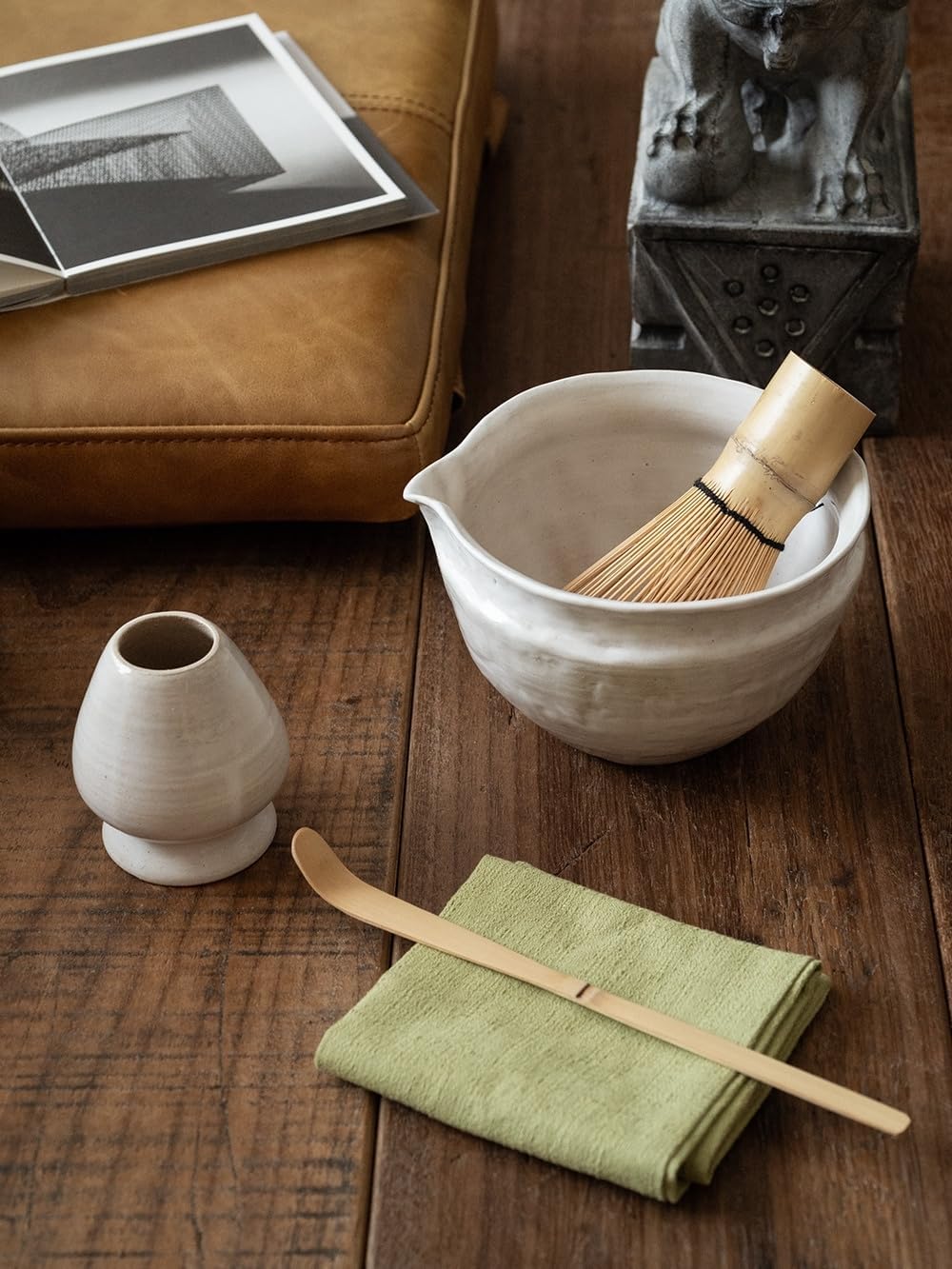 6-pcs Japanese Matcha Whisk Set with Handmade Wabi-Sabi Ceramic Bowl(Chawan),Bamboo Chasen, Whisk Holder, Scoop, Sifter & Tea Towel,Matcha Ceremony Kit,(Sandstone Reactive Glaze)