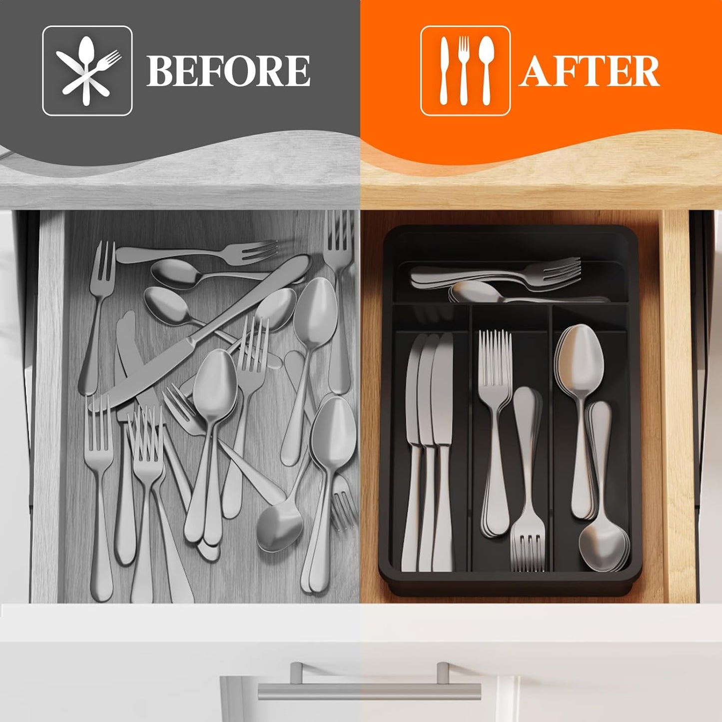 Lifewit Silverware Drawer Organizer Tray, Plastic Cutlery Storage for Kitchen, Flatware and Utensil Holder Divider for Spoons Forks Knives Tableware, 9.1 x 12.6", 5 Slots, Black