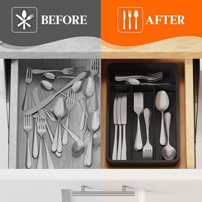 Lifewit Silverware Drawer Organizer Tray, Plastic Cutlery Storage for Kitchen, Flatware and Utensil Holder Divider for Spoons Forks Knives Tableware, 9.1 x 12.6", 5 Slots, Black