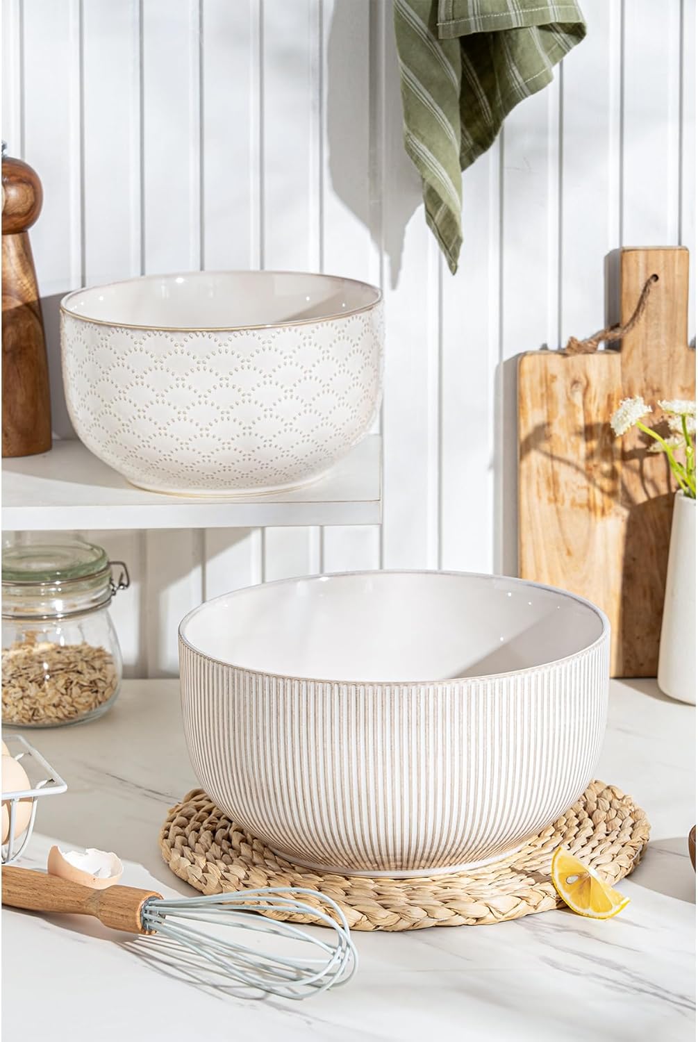 Ceramic Mixing Bowls, Embossed Nesting Bowls Set of 4, Mixing Bowl Set for Serving, Baking, Cooking and Gift, Microwave and Dishwasher Safe, 20/47/99/148 oz, Off-White