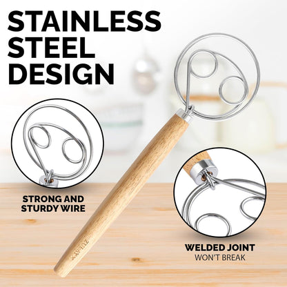 Zulay Kitchen 13-Inch Danish Dough Whisk - Stainless Steel Wooden Whisk with Dough Hook - Sourdough Whisk for Bread, Pizza, Pastry, Cake Batter & More - Wood