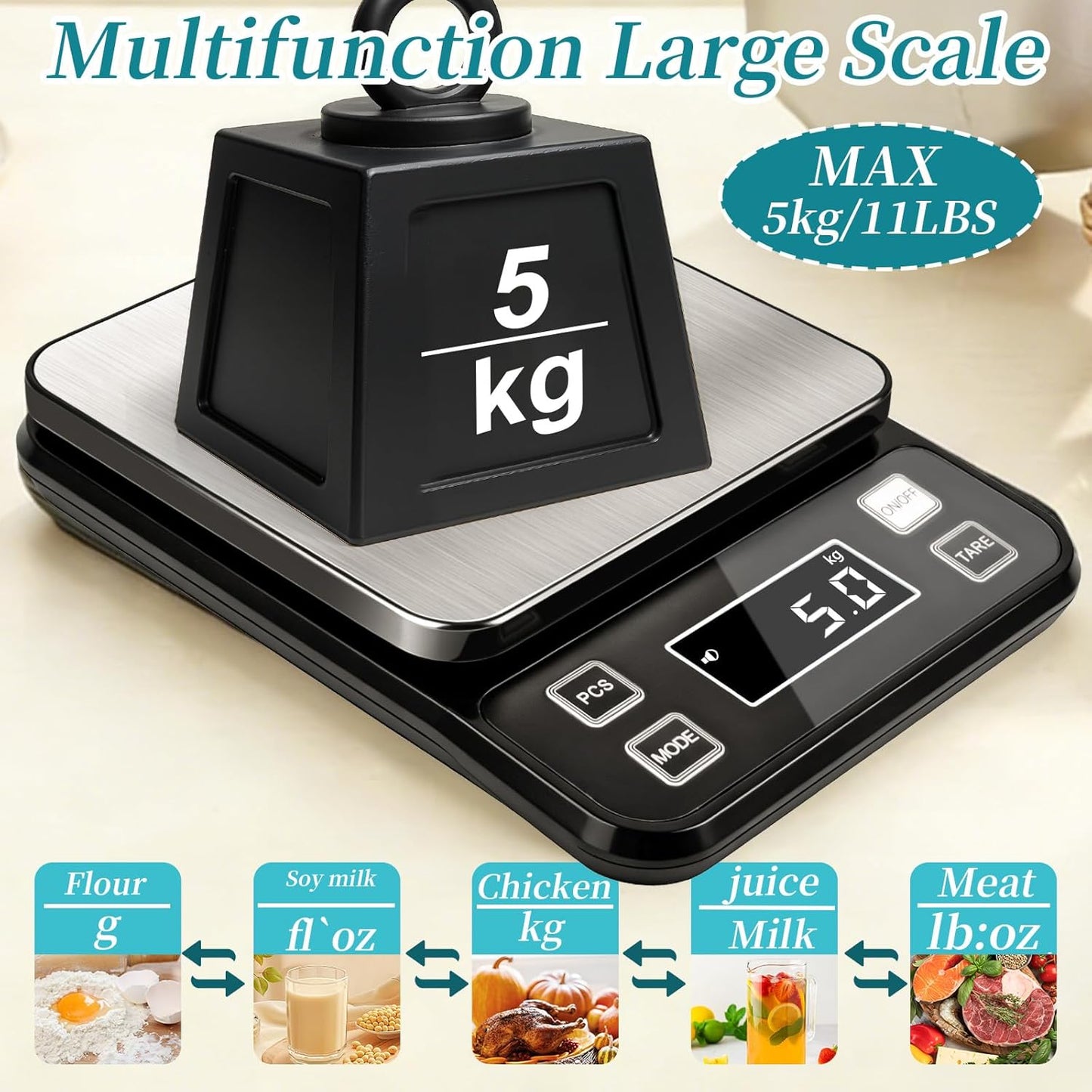 Waterproof Food Scale, 22lb Digital Kitchen Scale with Batteries, 304 Stainless Steel Precision Gram Scale for Baking, Cooking, Meal Prep, Tare Function