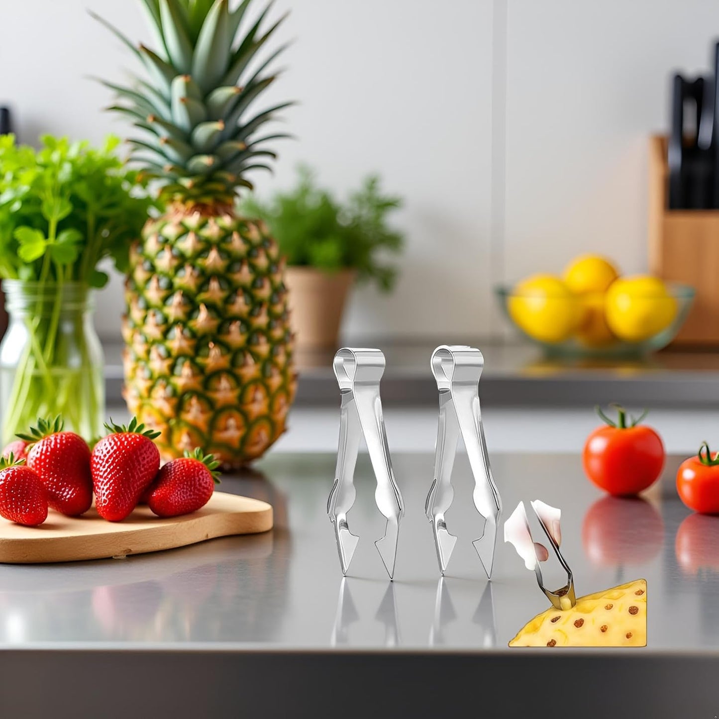 2Pcs Multi-Functional Fruit & Vegetable Stem Remover Clip, Strawberry Huller, Pineapple Eye Remover, Kitchen Gadget, Silver Stainless Steel Handle