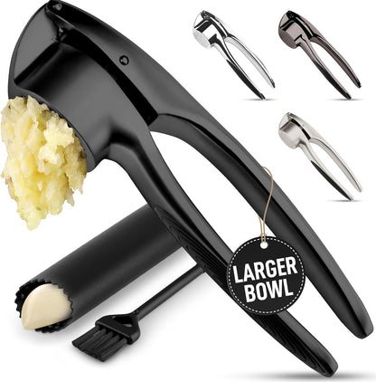 Zulay Kitchen Premium Garlic Press Set - Rust Proof Professional Garlic Mincer Tool - Easy-Squeeze, Easy-Clean with Soft, Ergonomic Handle - Silicone Garlic Peeler & Brush (Silver)