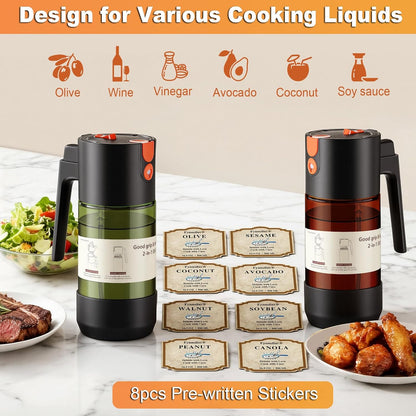 2-IN-1 Oil Sprayer for Cooking with 8 Stickers Light-Blocking Dark Glass Olive Oil Dispenser Bottle for Kitchen 500ml/16.9oz Oil Mister for Air Fryer, BBQ,Salad Even Spray with Portion Control