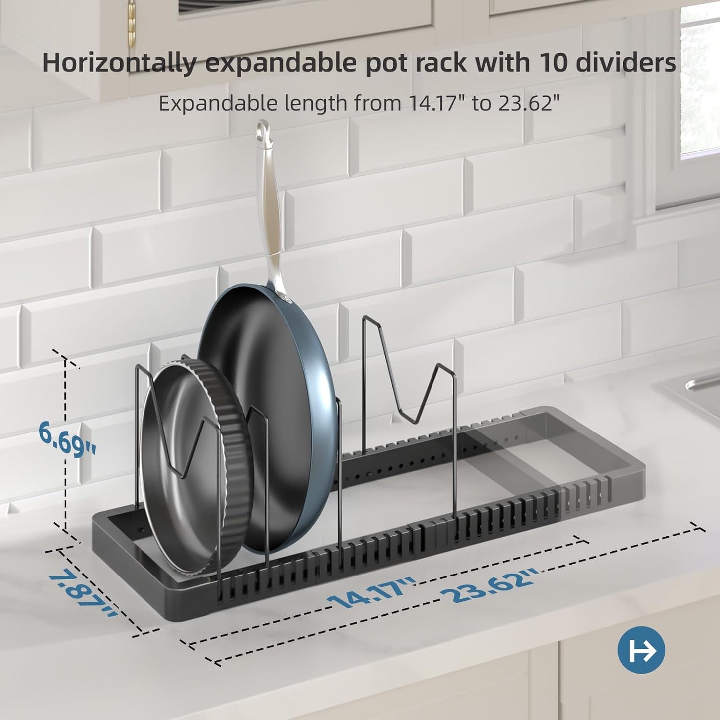 PanPanPal Pots and Pans Organizer under Cabinet, Expandable Pot Lid Organizer Holder with 10 Adjustable Compartment, Pan Organizers inside Cabinet for Lids, Bakeware, Kitchen Storage Pot Rack, Black