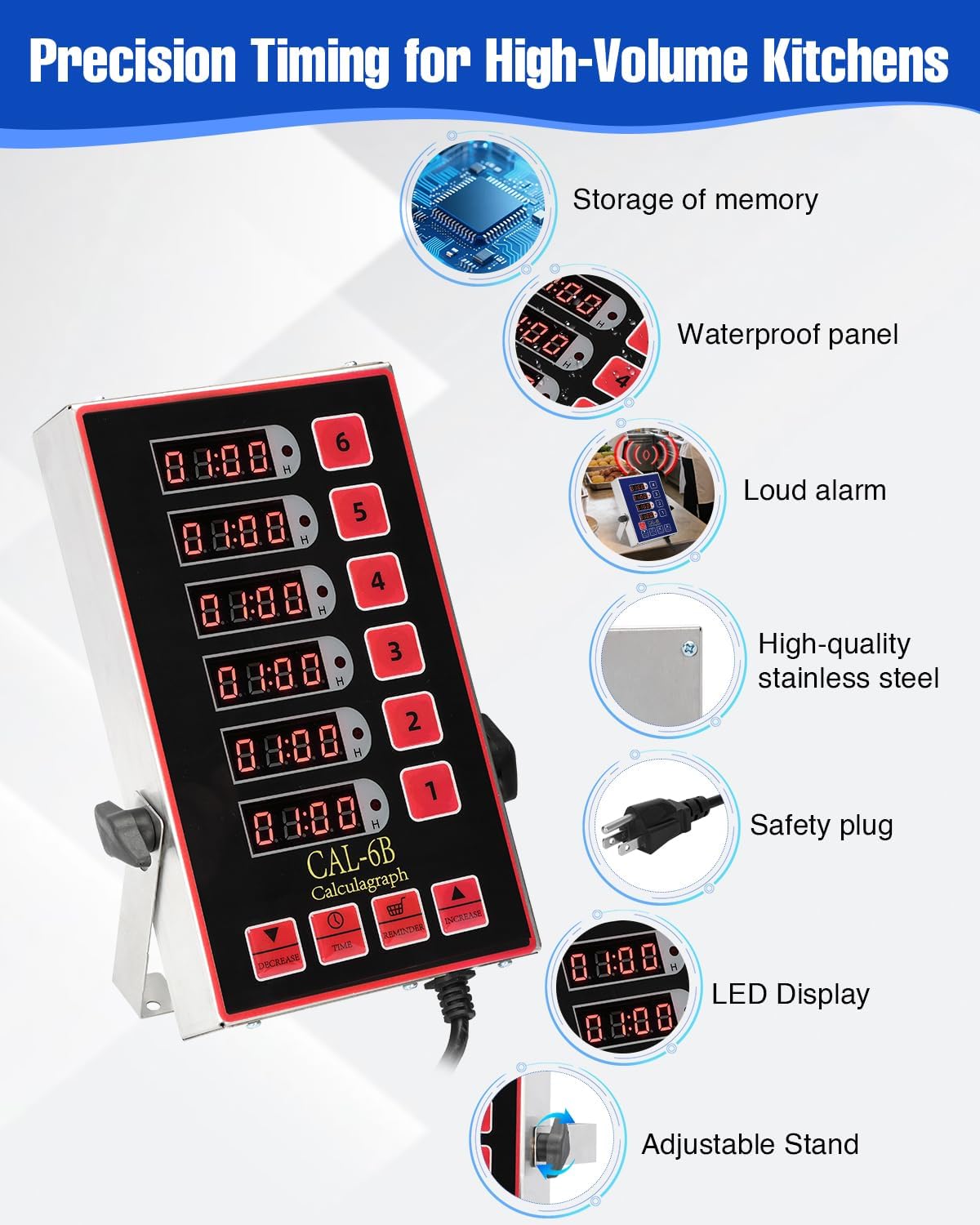 Commercial Kitchen Timers for Cooking, 8 Channel Timer for Commercial Kitchens, Heavy-Duty Loud Alarm Timer for Restaurants, Stainless Steel, LED Technology