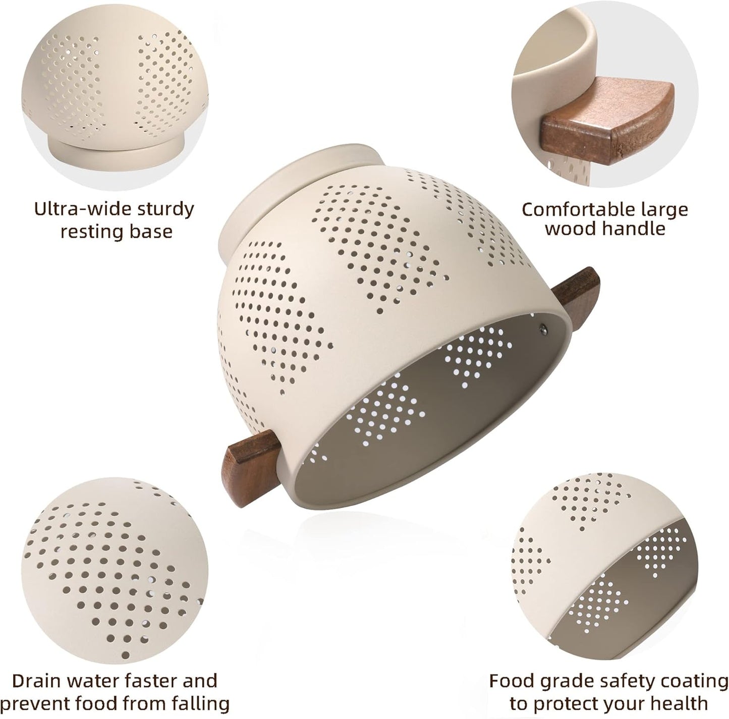 Metal Colander with Wood Handle and Stable Base, 5.5 Quart Powder Coated Steel Kitchen Strainer Basket for Draining Pasta, Vegetable and fruit,Cream