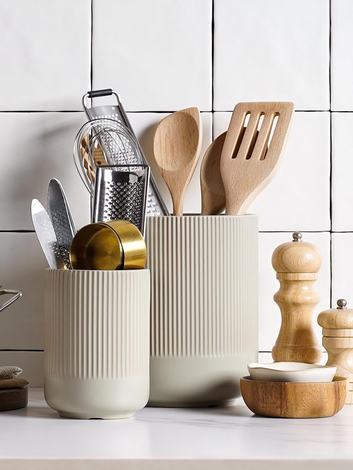 LE TAUCI Utensil Holder for Kitchen Counter, 7.3"+5.4" Fluted Ceramic Utensil Crock Organizer for Countertop, Heavy Large Holder for Spatulas, Spoons, Set of 2, White, Kitchen Counter Decor