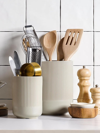 LE TAUCI Utensil Holder for Kitchen Counter, 7.3"+5.4" Fluted Ceramic Utensil Crock Organizer for Countertop, Heavy Large Holder for Spatulas, Spoons, Set of 2, White, Kitchen Counter Decor