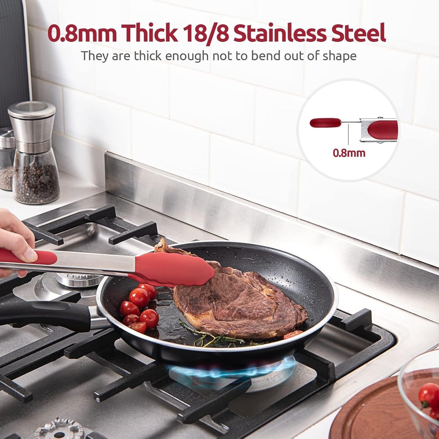600ºF Heat Resistant Kitchen Tongs: U-Taste 9 inch Silicone Cooking Tong with Firm Sealed Non Stick Rubber Tips & Silicon Coated 18/8 Stainless Steel Handle & Smooth Locking for Serving Salad (Black)