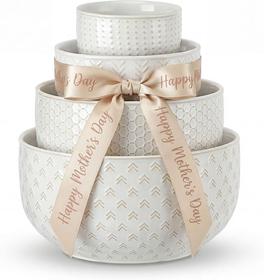 Lareina Ceramic Large Mixing Bowls Set of 4, Nesting Bowls for Cooking, Baking, Salad Etc, Serving Bowls, Mother's Day & Housewarming Gift, Microwave/Dishwasher Safe - 20/44/98/145 OZ, Ivory White