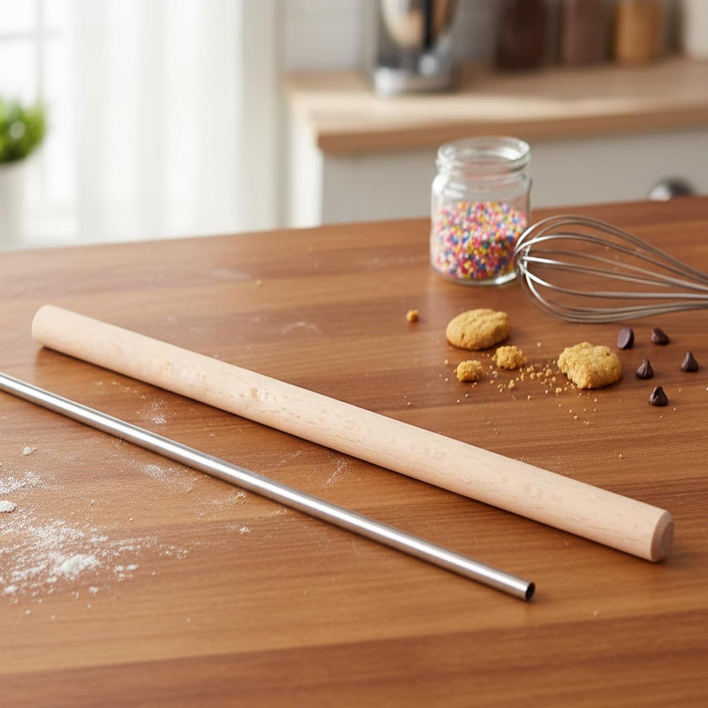 2 Pack Italian Rolling Pins Set 11.8-inch Wood Rolling Pin for Baking Stainless Steel Dough Roller for Making Pastas, Wontons, Dumplings, Pizza, Pie Crust, Fondant, Tortillas, Flat Bread(Diameter 0.6c
