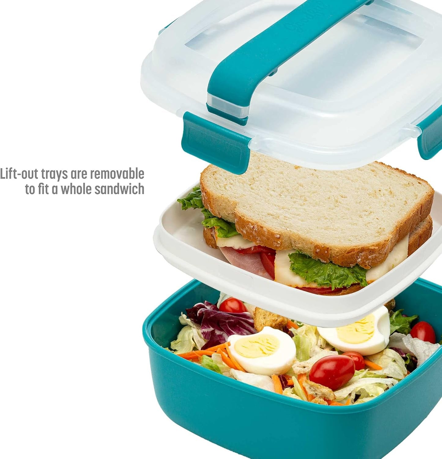 Goodful Stackable Lunch Box Container, Bento Style Food Storage with Removeable Compartments for Sandwich, Snacks, Toppings & Dressing, Leak-Proof and Made without BPA, 56-Ounce, Teal