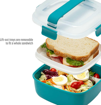 Goodful Stackable Lunch Box Container, Bento Style Food Storage with Removeable Compartments for Sandwich, Snacks, Toppings & Dressing, Leak-Proof and Made without BPA, 56-Ounce, Teal