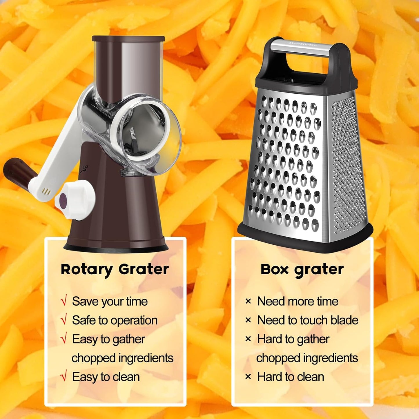 Ourokhome Rotary Cheese Grater Hand Crank, Kitchen Shredder Speed Mandolin Slicer Nut Grinder with Handle and Drum Blades for Cheese, Vegetable, Walnut, Chocolate, Potato, Carrot, 3 Blades, Dark Blue