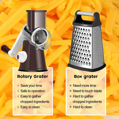 Ourokhome Rotary Cheese Grater Hand Crank, Kitchen Shredder Speed Mandolin Slicer Nut Grinder with Handle and Drum Blades for Cheese, Vegetable, Walnut, Chocolate, Potato, Carrot, 3 Blades, Dark Blue