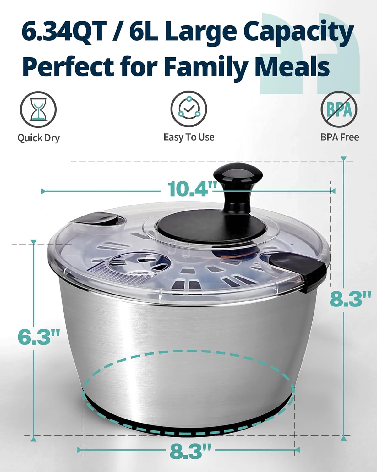 Stainless Steel Salad Spinner, 6.34Qt Large Lettuce Dryer, BPA-Free Vegetable & Fruit Washer with Drain, Easy Clean, Non-Slip Base, Transparent Lid
