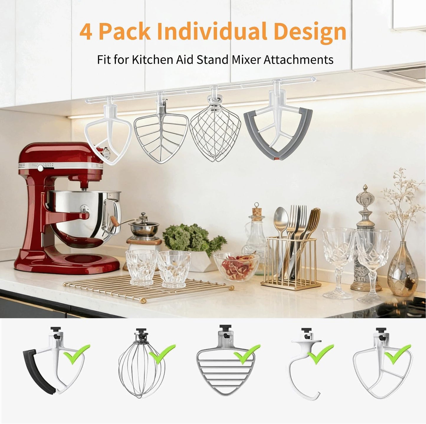 Stand Mixer Attachment Holder for KitchenAid Accessories and Attachments - 4 Pack Hanging Organizer for Storage Your Kitchen Aid Dough Hook Paddle Whisk Attachment Hanger (Plastic White)