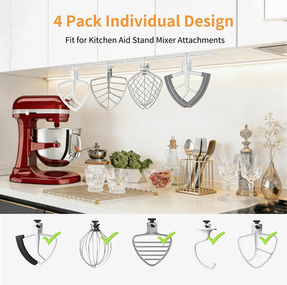Stand Mixer Attachment Holder for KitchenAid Accessories and Attachments - 4 Pack Hanging Organizer for Storage Your Kitchen Aid Dough Hook Paddle Whisk Attachment Hanger (Plastic White)