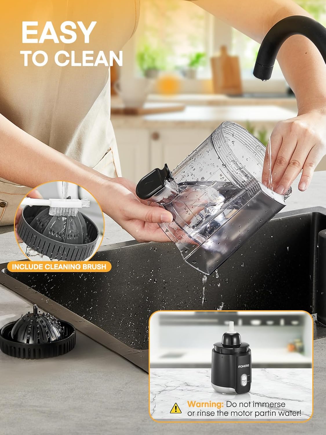 FOHERE Citrus Juicer Electric, Hand-Free Orange Juicer Machine with 2 Interchangeable Cones, Automatic Juice Squeezer for Orange, Lemon, Grape, Pomegranate, Cleaning Brush Included