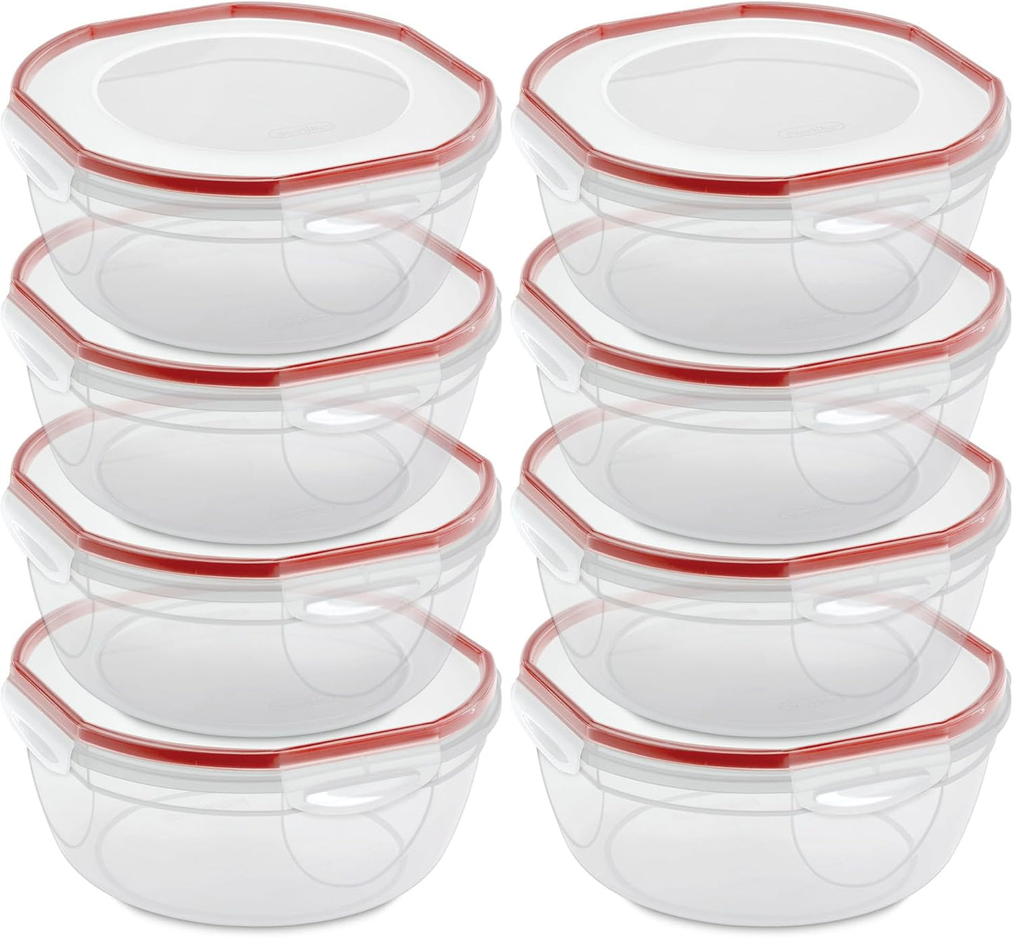 Sterilite Ultra-Seal 8.1 Qt Bowl, Large Airtight Food Storage Container, Latching Lid, Microwave and Dishwasher Safe, Clear With Red Gasket, 2-Pack