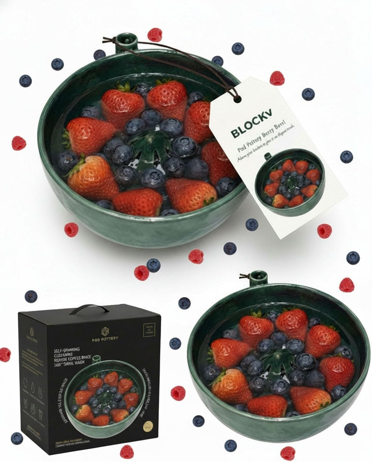 Berry Bowl, Self Spinning Fruit Washer with Drain Holes, Hydro Vortex Berry Rinser Colander, 360° Swirl Cleaning Serving Bowl for Vegetables Kitchen